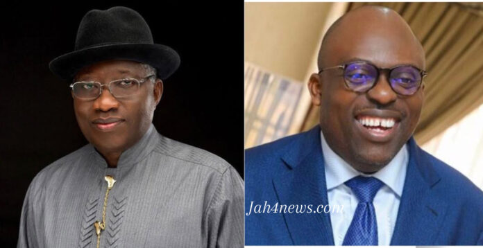 Goodluck Jonathan speaking at an event in Etche, Rivers State, addressing Governor Siminalayi Fubara.