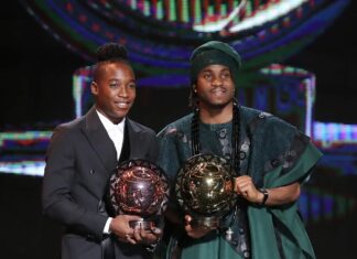 Ademola Lookman and Chiamaka Nnadozie receiving awards at CAF Awards 2024.