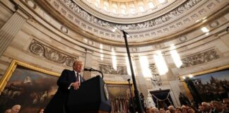 Donald Trump delivering his inaugural address as the 47th President of the United States.