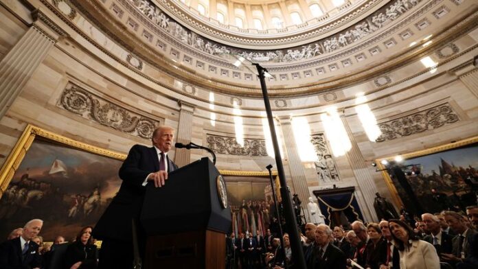 Donald Trump delivering his inaugural address as the 47th President of the United States.