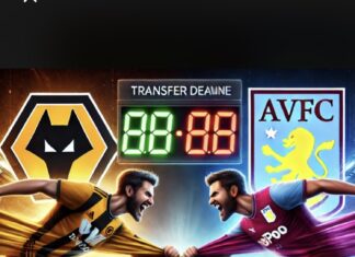 A dramatic football transfer battle illustration featuring Wolves and Aston Villa logos facing off, symbolizing a fierce competition for Kevin Danso before the transfer deadline.