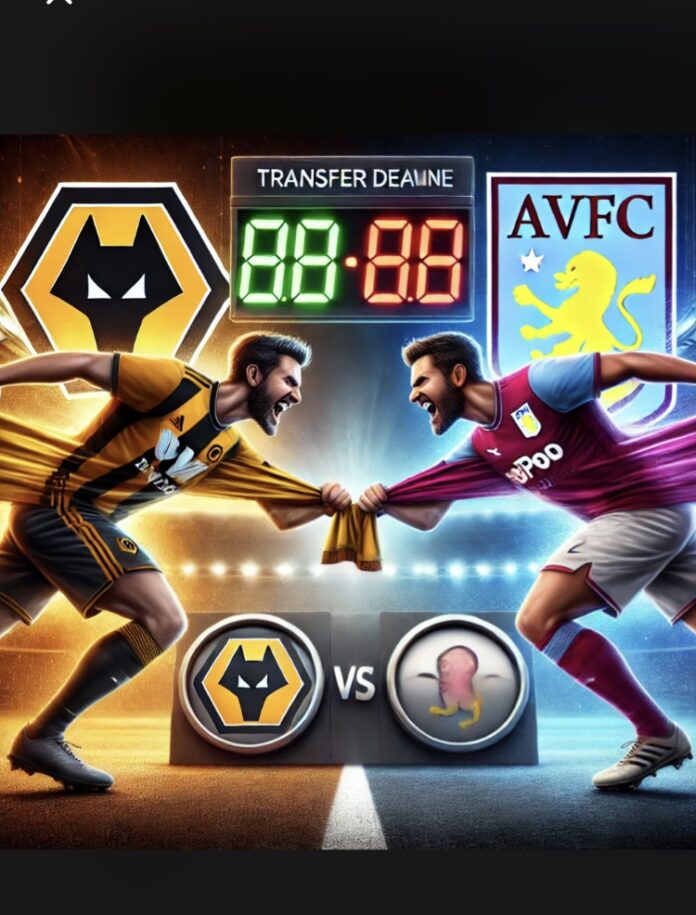 A dramatic football transfer battle illustration featuring Wolves and Aston Villa logos facing off, symbolizing a fierce competition for Kevin Danso before the transfer deadline.