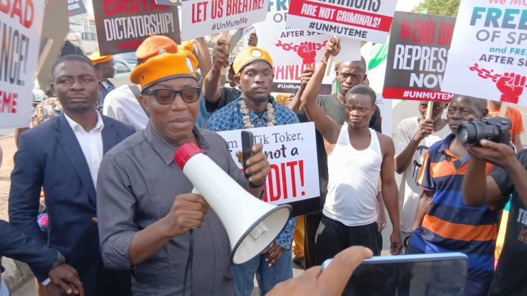 Omoyele Sowore speaks at the protest ground in Abuja on April 7, 2025