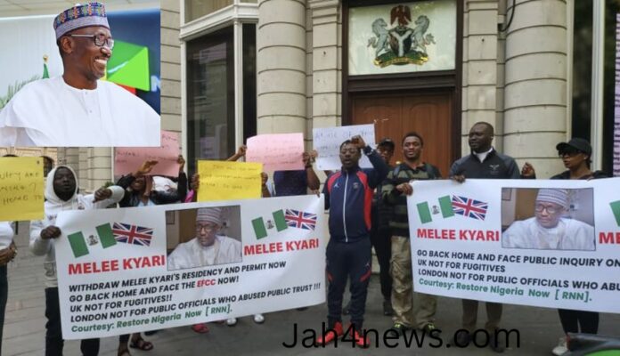 Nigerians protest at Nigerian High Commission in London demanding Mele Kyari’s deportation over oil corruption